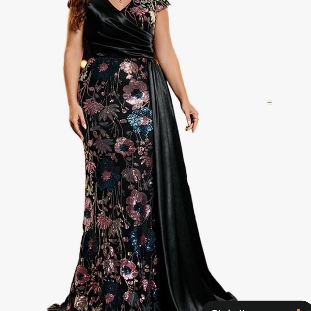 New Plus-Size Black Floral Sequin Evening Dress